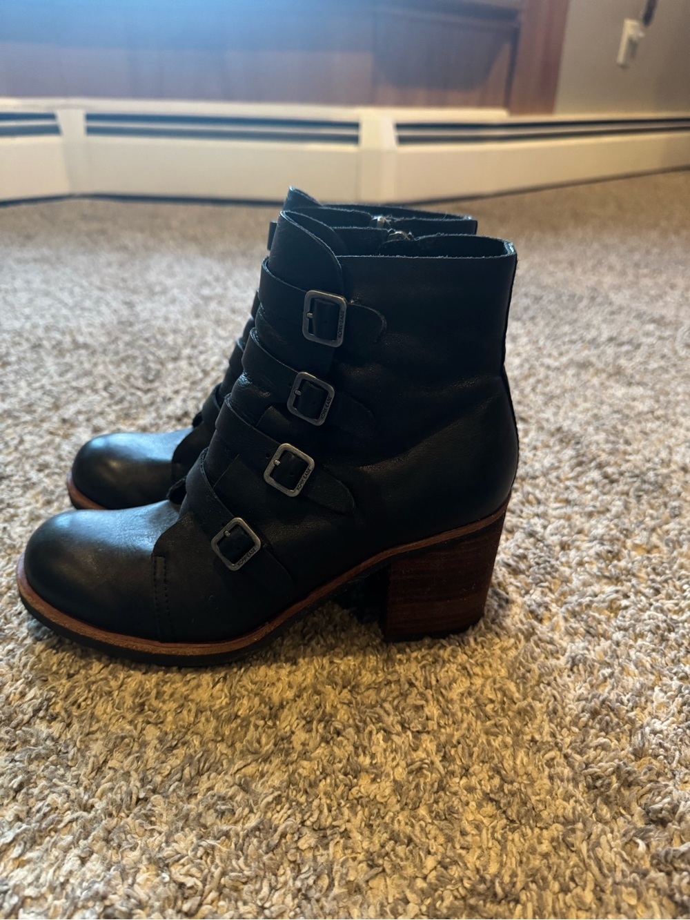 Kork-Ease Black Leather Buckle Strap Ankle Boots